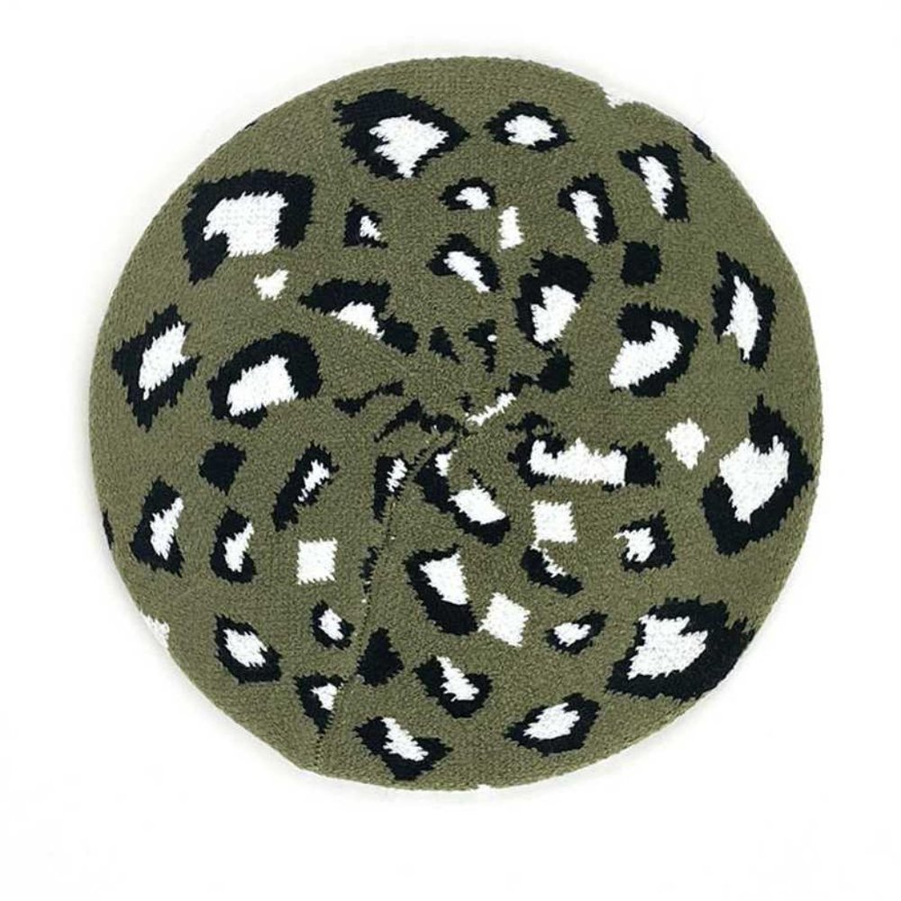 OLIVE GREEN AND WHITE LEOPARD PRINT BERET - Picture 3 of 7